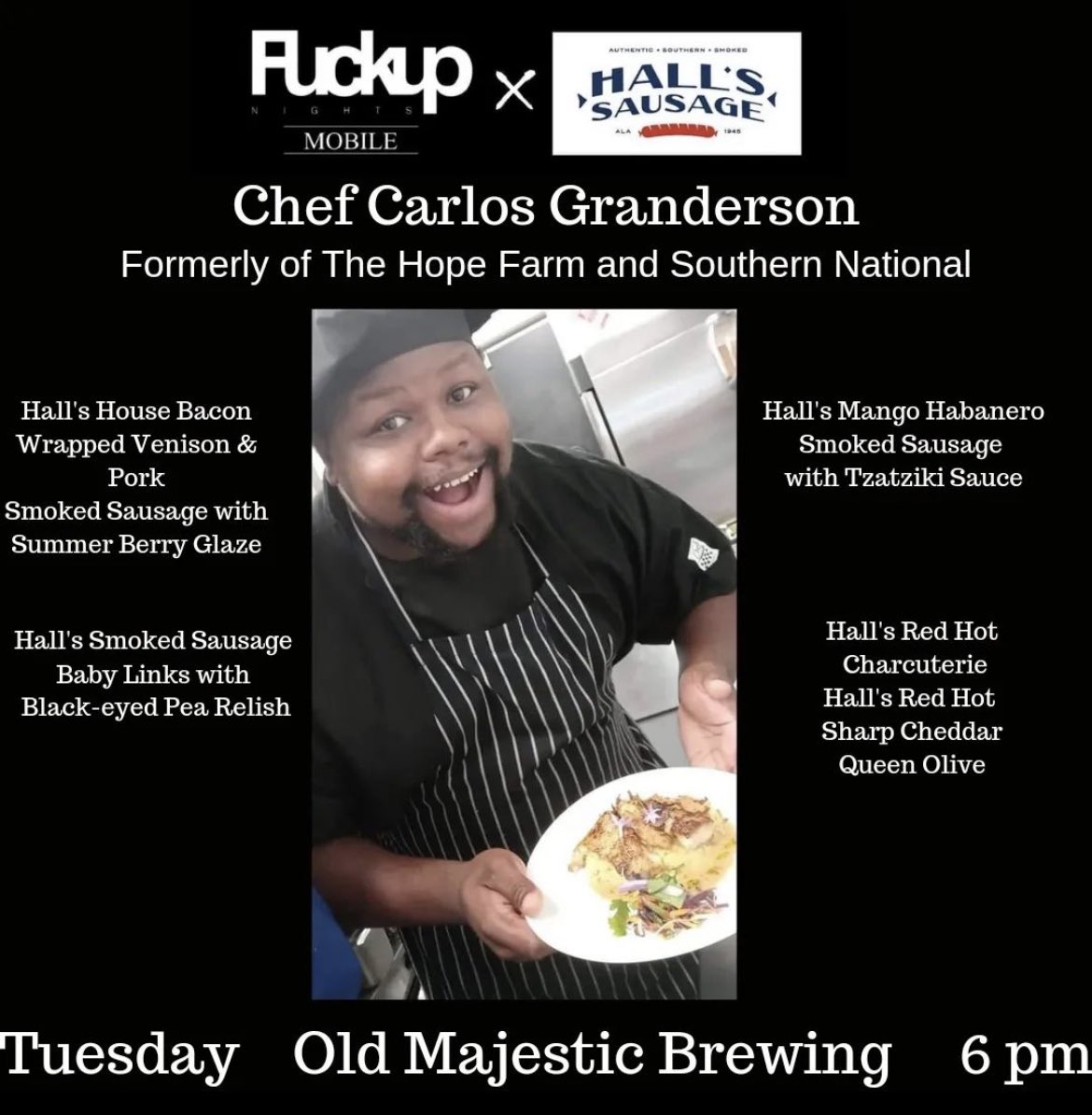 Get your tickets for tomorrows event so you don’t miss out on this menu! Plates are included in the ticket price:

fuckupnightsmobile.com/old-majestic-b…