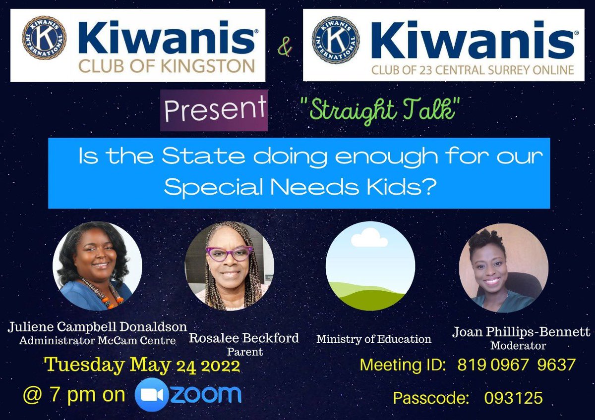 May is celebrated as Child’s Month and our focus is on special needs children. Pls feel welcome to join our weekly meeting on Tuesday, May 24 @ 7pm for “Straight Talk: Is the State doing enough for our Special Needs Kids?”
Kindly see zoom details on flyer to participate.