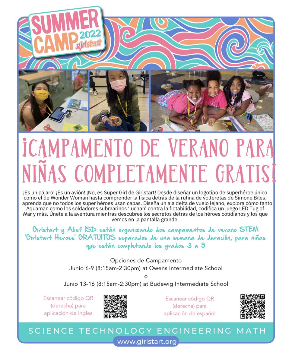 <a href="/girlstart/">girlstart</a> Summer STEM Camp
June 6-9 (8:15am-2:30pm) at Owens Intermediate School. 
June 13-16 (8:15am-2:30pm) at Budewig Intermediate School

Link to the English application:
bit.ly/houstonsummer2…

Link to the Spanish application:
bit.ly/SpanishHTXSumm…