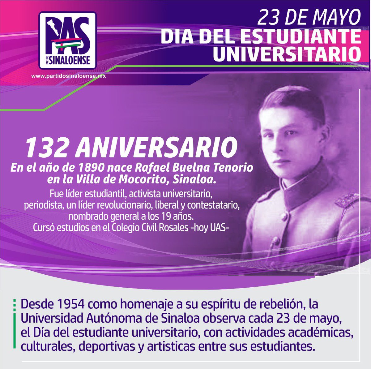 VIctorACorrales's tweet photo. Desde 1954 como homenaje a Rafael Buelna Tenorio, a su espíritu de rebelión, la Universidad Autónoma de Sinaloa observa cada 23 de mayo, el Día del estudiante universitario, con actividades académicas,
culturales, deportivas y artísticas entre sus estudiantes. https://t.co/mAwtrHcsyJ