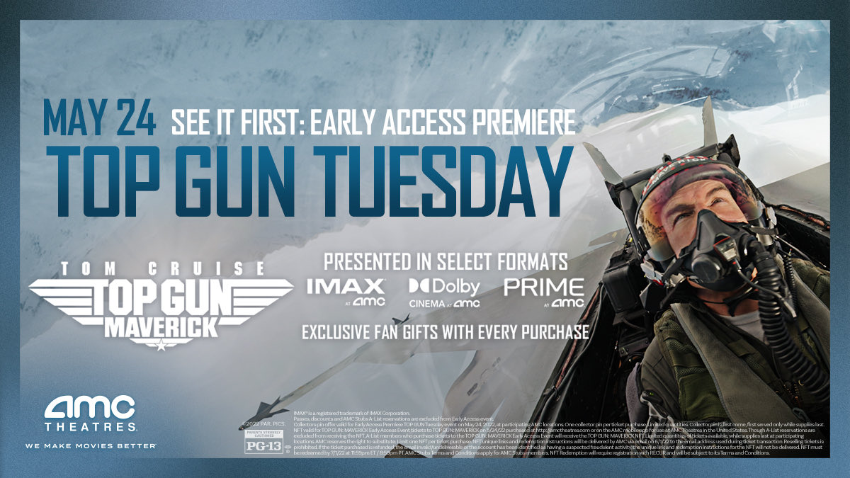 CEOAdam's tweet photo. NFT fans and Top Gun enthusiasts! Catch an early access screening of this incredible new movie tomorrow Tuesday, at 250 AMC theatres across the U.S. Limited edition NFTs and other unique souvenirs if you buy tickets on the AMC website or app. For tickets: https://t.co/D6LrgtkqH4 https://t.co/zYrcloT3jW