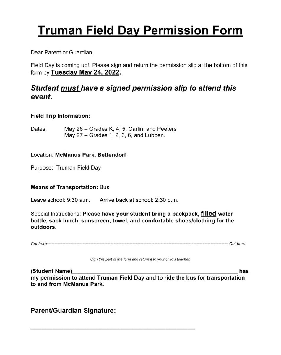 DCSDTruman's tweet photo. Field day permission slips are due tomorrow, May 24, 2022. https://t.co/iUpbWGglmD