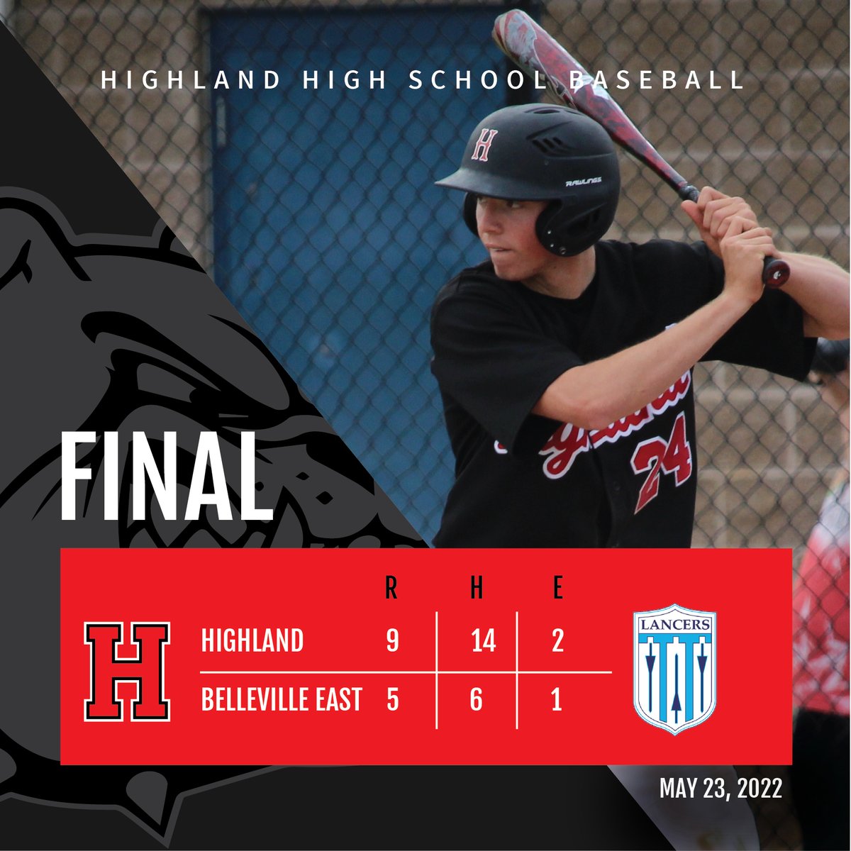 <a href="/OttensmeierJake/">Jake Ottensmeier</a> led the Bulldogs with 4 hits, a home run, and 2 RBIs, in a 9-6 win today over Belleville East. <a href="/MattMiscik/">Matt Miscik</a> had 2 doubles and 3 RBIs and Griesbaum added 2 hits and an RBI. Highland will face off with CM at 6 p.m. Wed. at Glik Park in the 1st game of Regionals.