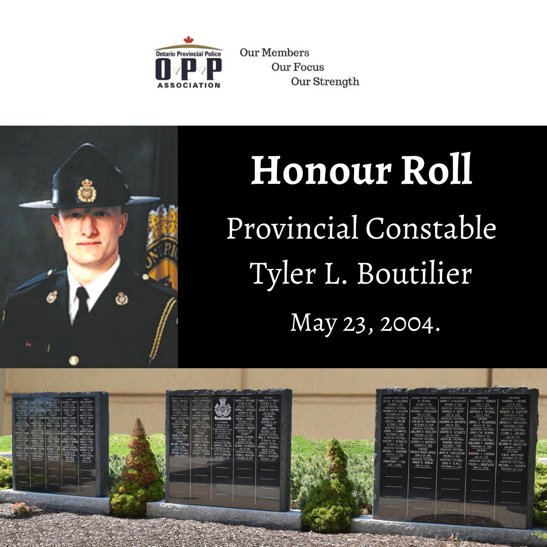 On May 23, 2004 OPP Provincial Constable Tyler L. Boutilier Badge #10488 of the Grenville Detachment died in the line of duty from injuries sustained in a traffic collision. Tyler was well-respected by his fellow officers, command staff and members of the community. #HeroesInLife