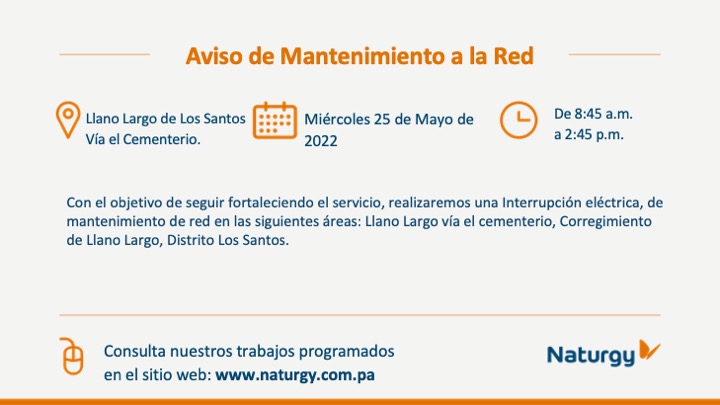 #EnContacto #Naturgy 👨‍💻

Realizaremos trabajos de mantenimiento preventivo en Llano Largo de Los Santos vía el cementerio.