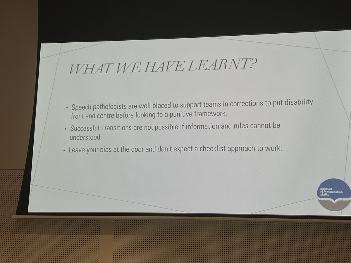 StellaM_SLP's tweet photo. @Juneglad June Gladman presenting on how SLPs can support people’s transition between the justice system and the community. A great, practical insight. @SpeechPathAus #SPAconf https://t.co/IvAIqS39zt