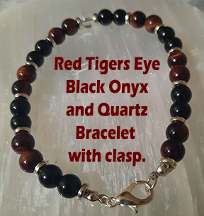 Natural Gemstone bracelet.
#redtigereye #blackonyx and #clearquartz
#magickaljewelry for grounding, stability and repelling negative energy.
#wiccanjewelry #paganjewelry #pagan #wiccan 
Contact me for purchase info.  $20 each with free shipping coast to coast.   Made in U.S.