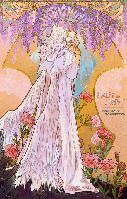 a lady standing in the light

(wisteria for immortality, kindness / pink carnations for maternal love) 