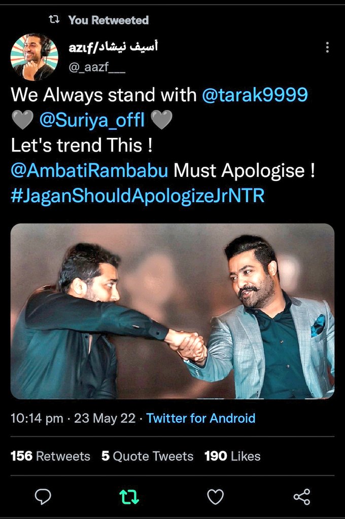 SuriyaNTRFans's tweet photo. Tweet Of The Day  ❤️ This Bonding &amp; Support By Our Co Mutual 
#JaganShouldApologizeJrNTR 

@tarak9999 @Suriya_offl https://t.co/uXjPCn9DWg