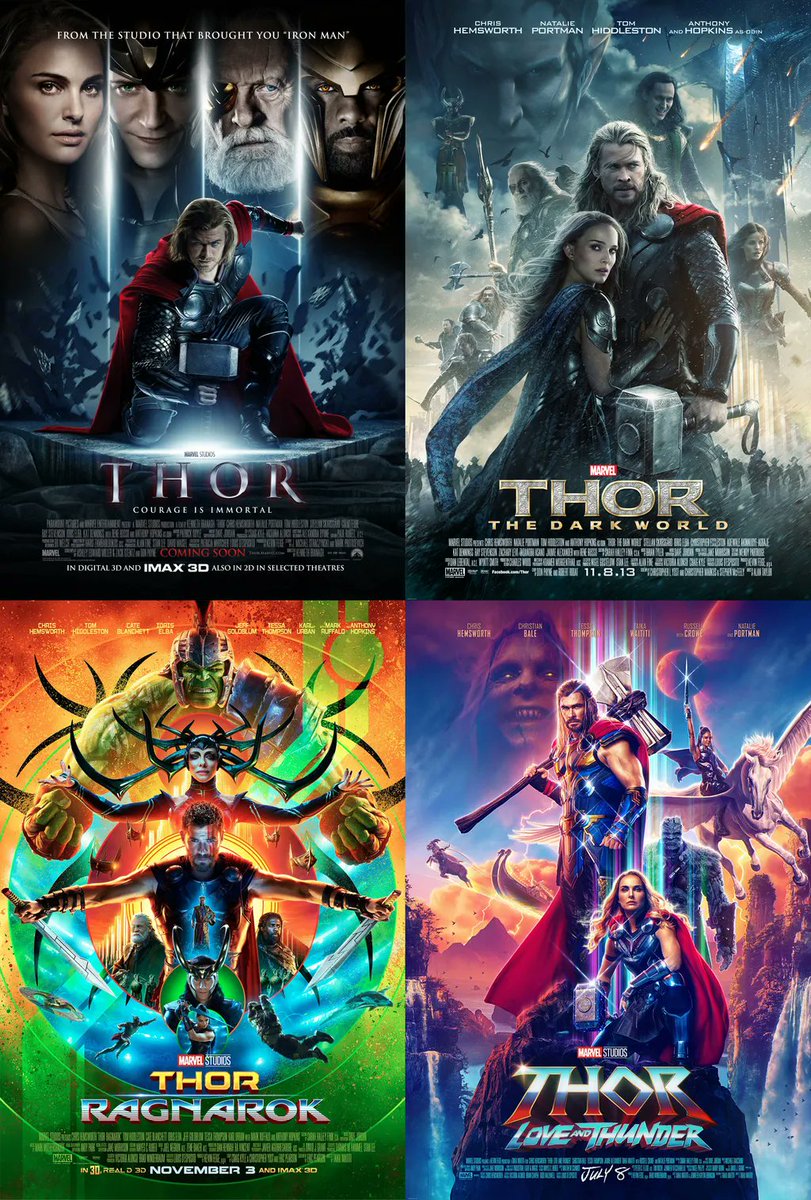 MCU_Direct's tweet image. The official theatrical posters of the #Thor franchise: buff.ly/3LzVFhX