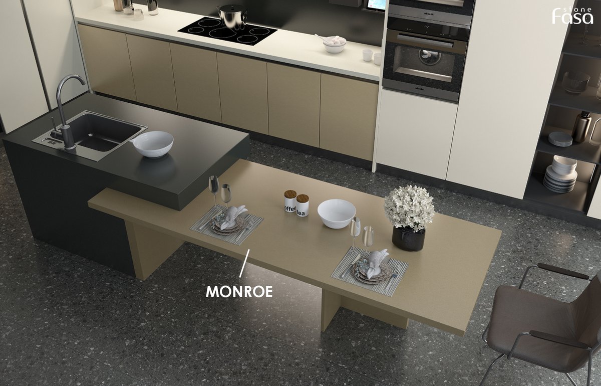 #MONROE
Patchwork island and Morandi colors makes the kitchen look more layered, S-TECH finished is also the most wonderful part in the kitchen.
#quartzstone #morandi #kitchenisland #quartzisland #leather #graytone
fasastone.com