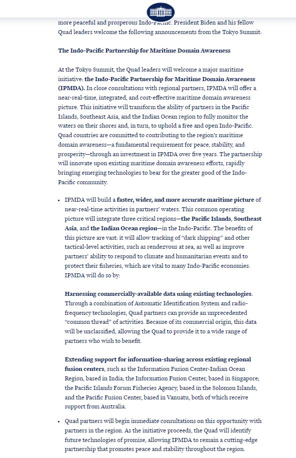 Therealtalkin's tweet image. At the #TokyoSummit, the Quad leaders will welcome a major maritime initiative: the Indo-Pacific Partnership for Maritime Domain Awareness (#IPMDA), which will allow tracking of “dark shipping”: The White House

#TheRealTalkin (ANI)