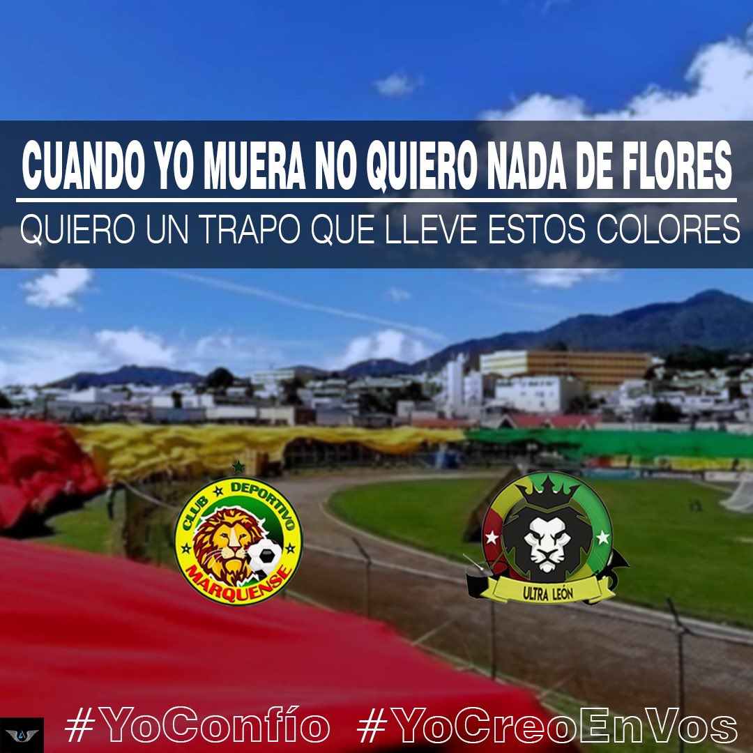 ultraLeon1's tweet photo. #YoConfío
#YoCreoEnVos

Por estos colores dejo el alma y corazón, por estos colores dejo la voz en el tablón, por estos colores aliento yo, estos colores solamente estos colores, por siempre, defenderé yo. Y cuando yo ya no pueda estar para gritar lo mucho que te amo Marquense🦁 https://t.co/ANLWpNP5q9