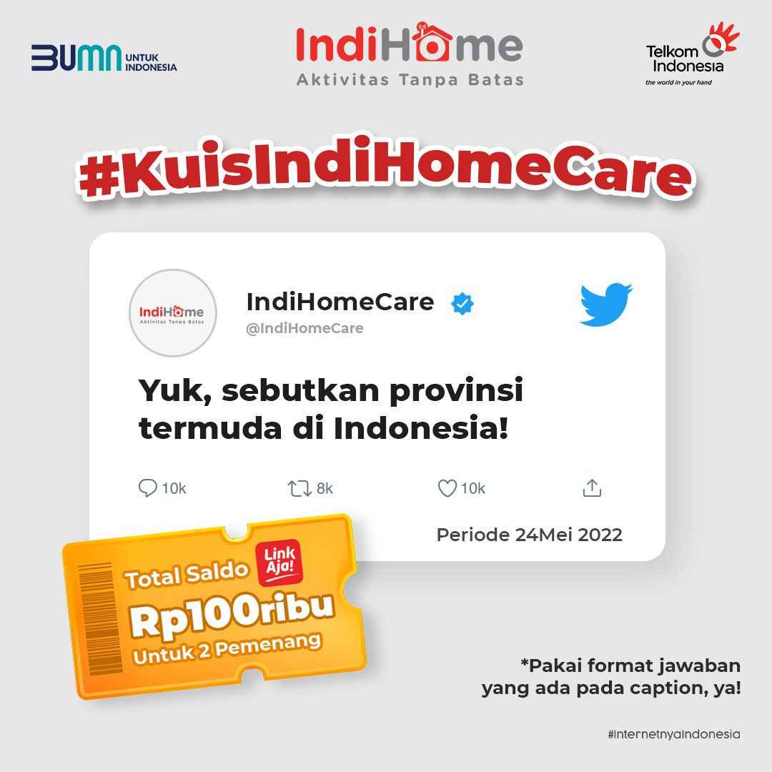 IndiHomeCare's tweet photo. Ikutan #KuisIndiHomeCare yuk! 

Tulis jawaban Kamu sekarang dan dapetin hadiah saldo LinkAja Rp100.000 untuk 2 Sobat beruntung!

Pastikan Kamu sudah follow @IndiHomeCare dan cantumkan tagar #KuisIndiHomeCare saat menjawab ya, Sobat!😉 https://t.co/pyCHSgp6i5