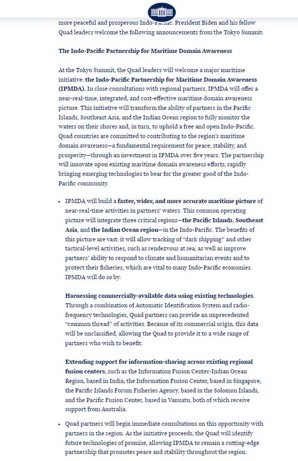 timesofindia's tweet image. At the #TokyoSummit, the #Quad leaders will welcome a major maritime initiative: the Indo-Pacific Partnership for Maritime Domain Awareness (#IPMDA), which will allow tracking of “dark shipping”: The White House