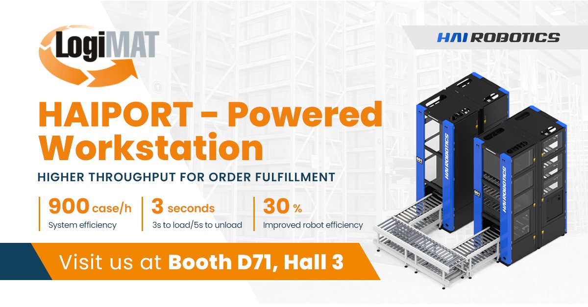 HaiRobotics's tweet image. Check out our high-throughput case-handling G2P solution, the 𝗛𝗔𝗜𝗣𝗢𝗥𝗧-𝗽𝗼𝘄𝗲𝗿𝗲𝗱 𝘄𝗼𝗿𝗸𝘀𝘁𝗮𝘁𝗶𝗼𝗻, at #logimat2022 May 31 - Jun 2
✅900 cases/h
✅3s to load / 5s to unload
✅30% improved robot efficiency

#robotics #automation #hairobotics #logistics