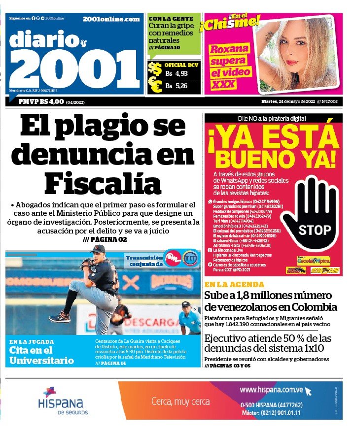 ¡Salud y felicidad para todos!
Esta es nuestra #portada de #hoy #martes #24mayo en la edición impresa de 2001. Busca tu ejemplar en toda la Gran Caracas. ¡Siempre contigo! Amplía estas y otras noticias en nuestra página web: 2001online.com