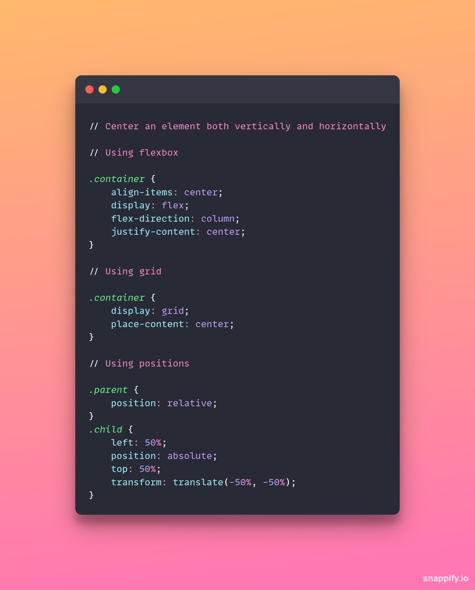 AdarshBuilds's tweet photo. ๐จ CSS Tip
๐ค How to center elements vertically and horizontally.
๐There are three ways we can center an element in both directions - Using flexbox, grid, or position.
#css #frontend #webdesigningtips https://t.co/kMq7nyvWhc