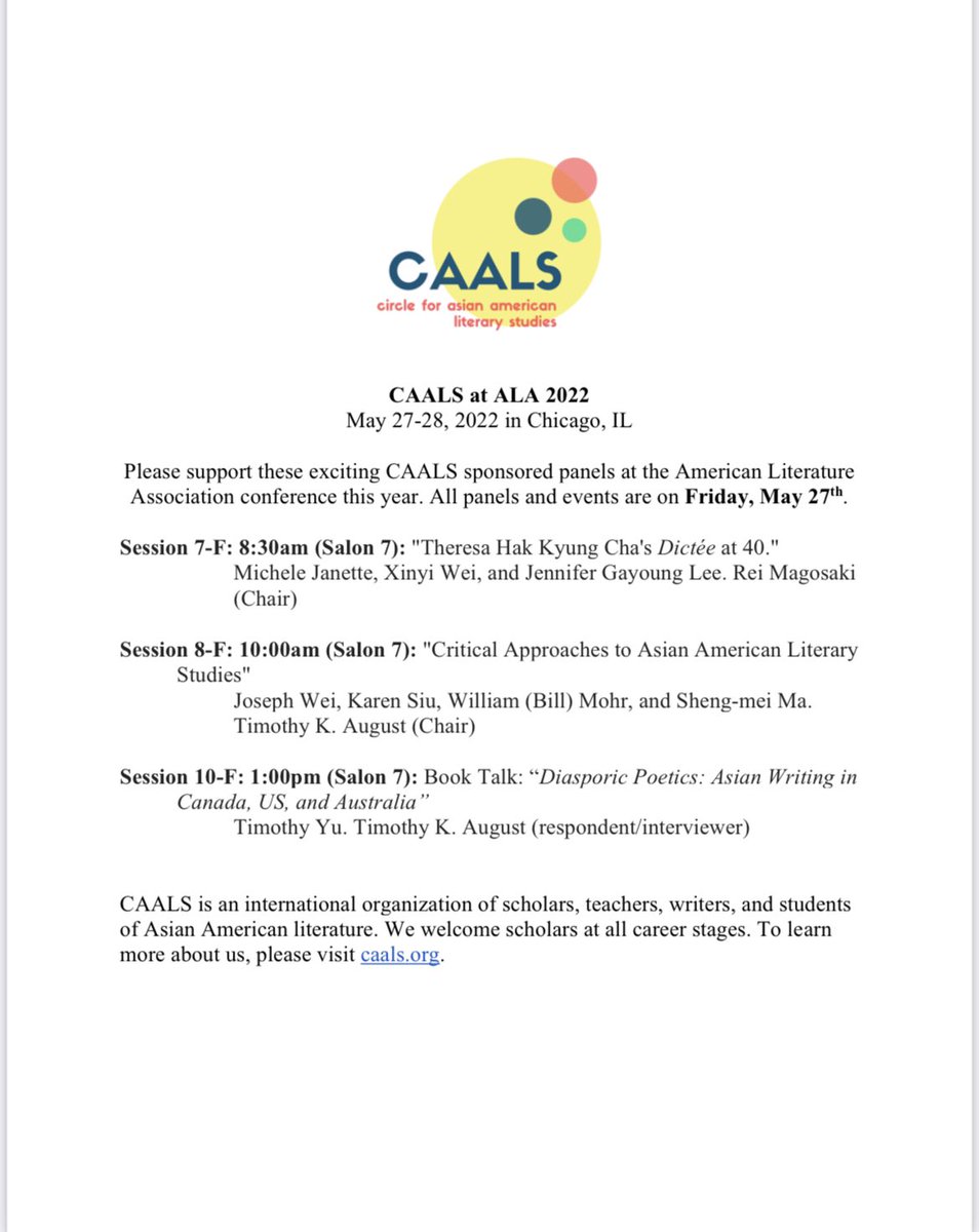 CAALSCircle's tweet photo. We are so excited to share our CAALS-sponsored panels at the @AmLit_ALA conference this year! All panels and events are on Friday, May 27th. Hope to see you there and please share widely! #caals at #ala #asianamericanliterarystudies https://t.co/HZASw1eLM5