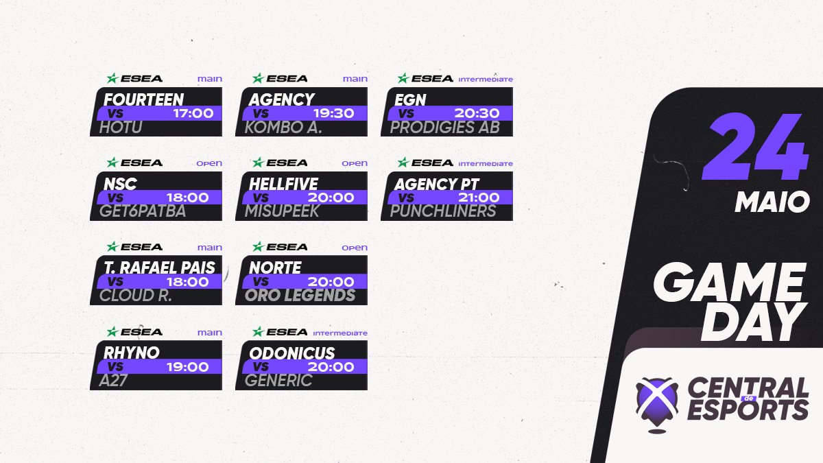 CentralDEsports's tweet photo. HOJE na 🏆 @ESEA:

17h
🇵🇹 @fourteenesports

18h
🇪🇺🇵🇹 @nsc_gg vs
🇵🇹 @teamrafaelpais

19h
🇵🇹 @RhynoEsports_

19h30
🇵🇹🇪🇺 @agency_clan

20h
🇵🇹 #HELLFIVE
🇵🇹 @nortegaming__.Cubs vs @OROGG_.Legends 🇵🇹
🇪🇸🇵🇹 @EcOdonicus

20h30
🇵🇹 @EGNesports

21h
🇵🇹 @agency_clan.PT

#CDEgameday #CDEesea https://t.co/2K62knoSRi