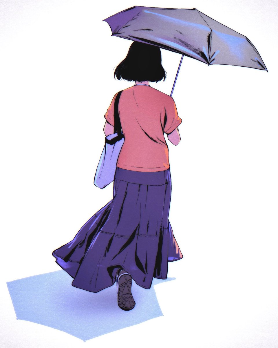 1girl solo umbrella skirt shirt from behind white background  illustration images