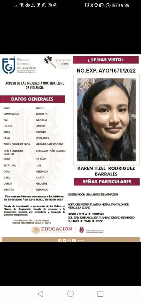 CdmxMaterna's tweet photo. Urgente difusión Karen itzel de 26 años desaparecida. @FemOrgTlahuac @TlahuacRenace como sociedad ya no debemos permitir más abusos del crimen organizado. https://t.co/ov0Z8AT8cN