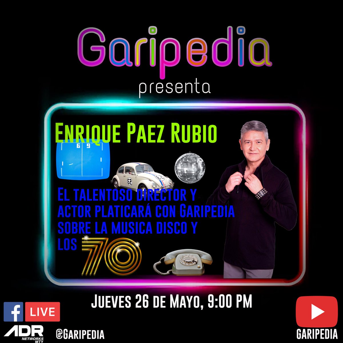 MrGariGaribaldi's tweet photo. Este jueves 26 de Mayo en punto de las 9 PM nos acompaña el actor y director… @PaezQuique Enrique Paez Rubio y platicaremos de los 70s y su música.
No te lo pierdas!
https://t.co/gpRoDahcRv
#EnriquePaezRubio
#GariGaribaldi
#Garipedia
#ClaudioEresEso
#Monterrey
#SPGG https://t.co/objRdC1Ra0