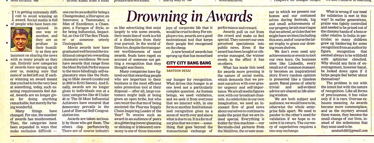 nairsameer's tweet photo. “As celebrities in our own imagination, we need an incessant flow of good news about ourselves to continue to make the point that we are indeed special” @desaisantosh writes a delightfully scathing piece 😅 about #Awards and about us, in the @timesofindia https://t.co/mIUSU2RNtd