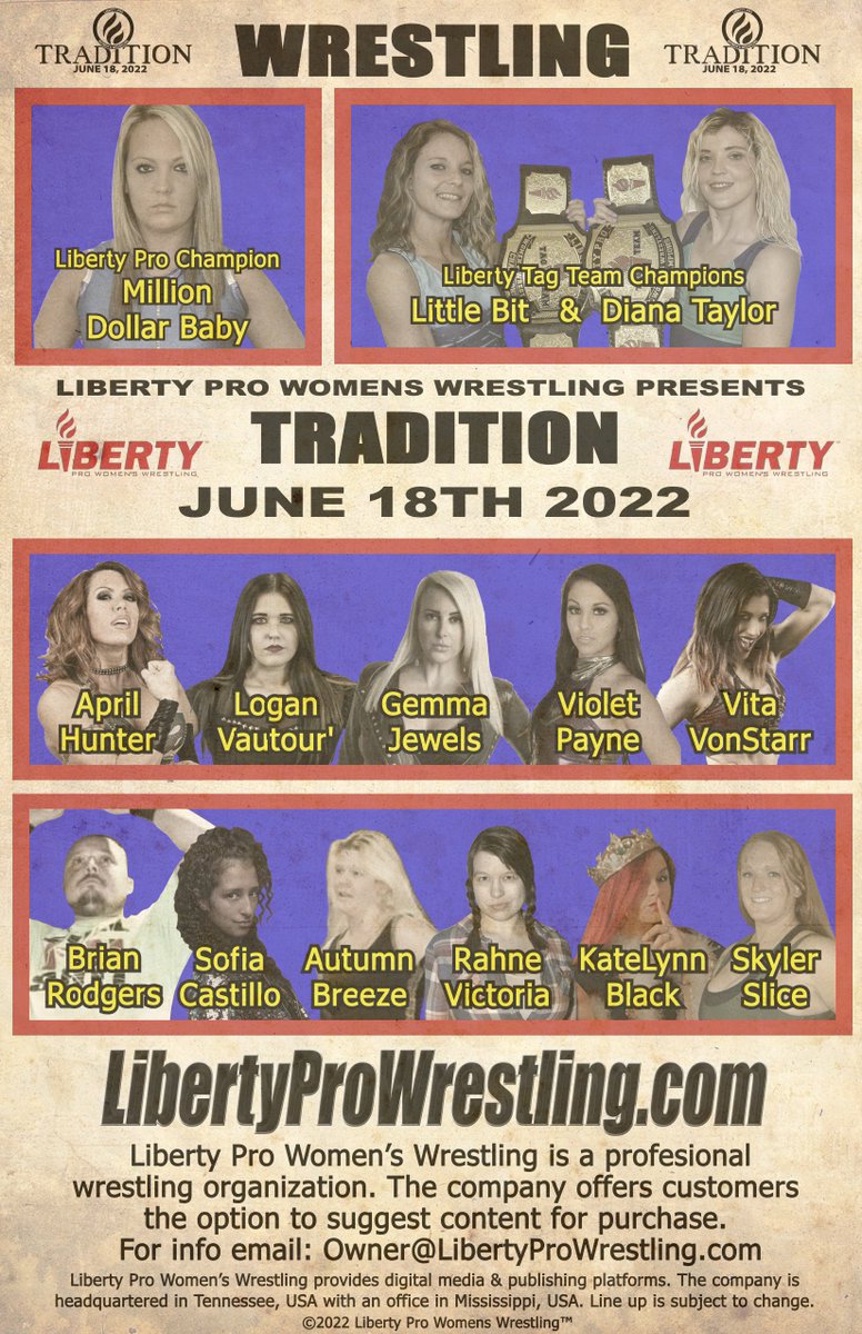 libertyproww's tweet photo. June 18, 2022 #LibertyProTradition Roster! Visit the #LibertyProShop (https://t.co/mXkPpUyHit) for more information! Featuring:

⭐ April Hunter
⭐ Autumn Breeze
⭐ Diana Taylor
⭐ Gemma Jewels
⭐ KateLynn Black
⭐ Little Bit
⭐ Logan Vautour

...and more! https://t.co/XOte0D7prQ