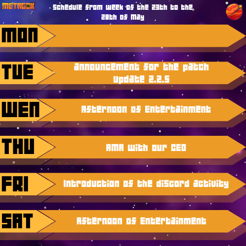 MetaGoxGame's tweet photo. Schedule from week of the 23th to the 28th of May https://t.co/HU7xp5WMyq