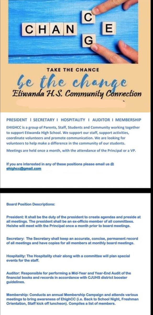 Board members (see the list below) and parent volunteers needed for next school year. Contact us via the email below.