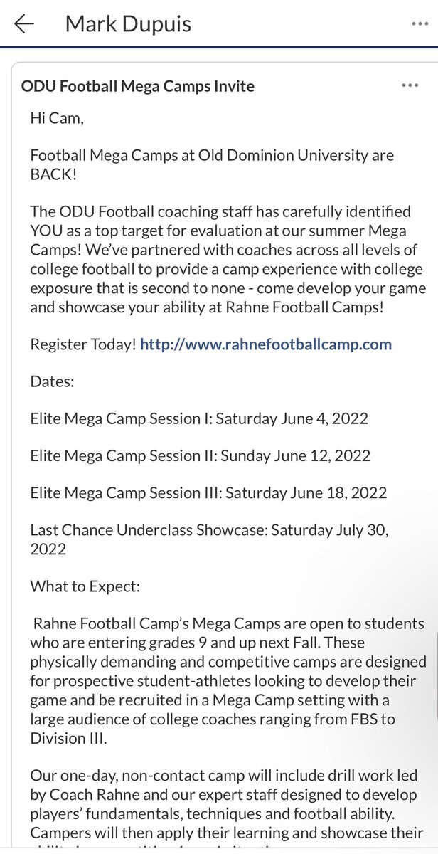 Thank you <a href="/ODUFootball/">ODU Football</a> for the camp invite. Can’t wait to see your campus this summer.