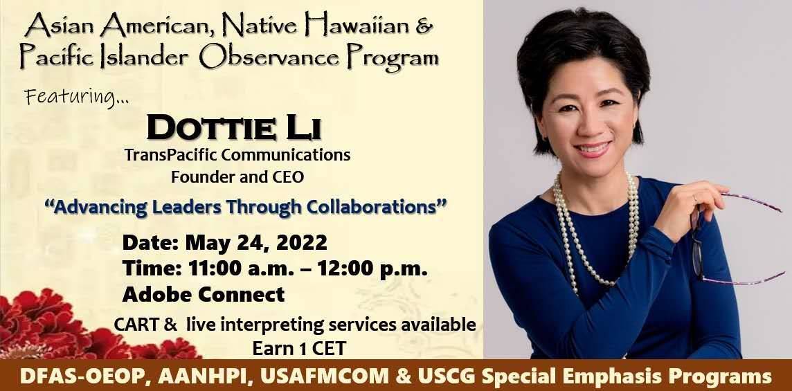 Mandarin_Voice's tweet photo. Looking forward to keynoting and celebrating AANHPI Heritage Month at DFAS, @USCG and @USAFMCOM tomorrow!

#AANHPIHM 
#KeynoteSpeaker 
#DottieLi
#AsianAmericanSpeaker 
#DoD
#DFAS
#USCG
#USAFMCOM https://t.co/tQFJPkvo5L