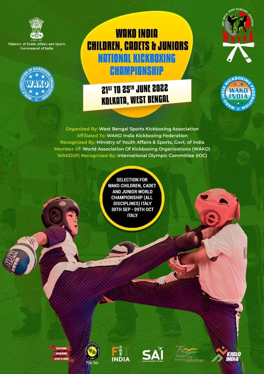 Get ready,

WAKO INDIA CHILDREN, CADET AND JUNIOR NATIONAL KICKBOXING CHAMPIONSHIP 2022.

21 to 25 JUNE 2022 at KOLKATA, WEST BENGAL.

<a href="/wakoindiainfo/">Kickboxing Bharat</a> 
<a href="/sensei4565/">Santosh Kumar Agrawal</a>
<a href="/kickboxing_wako/">WAKO.kickboxing</a>
<a href="/IndiaSports/">Dept of Sports MYAS</a>
<a href="/Media_SAI/">SAI Media</a> <a href="/WeAreTeamIndia/">Team India</a>
<a href="/MAInterNetwork/">MartialArts iNetwork</a> <a href="/FISTOSPORTS/">Fisto Sports</a> <a href="/TheHinduSports/">The Hindu - Sports</a>
<a href="/kheloindia/">Khelo India</a>