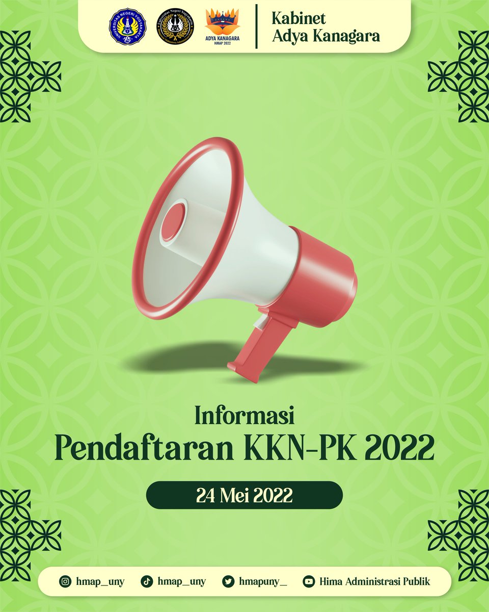 HMAPUNY_'s tweet photo. [INFORMASI PENDAFTARAN KKN-PK 2022]

Berikut kami sampaikan informasi terkait pendaftaran Kuliah Kerja Nyata dan Praktik Kependidikan Tahun 2022 yang akan dilaksanakan pada bulan Juli s.d Desember 2022. https://t.co/Qq9Of5fRWz