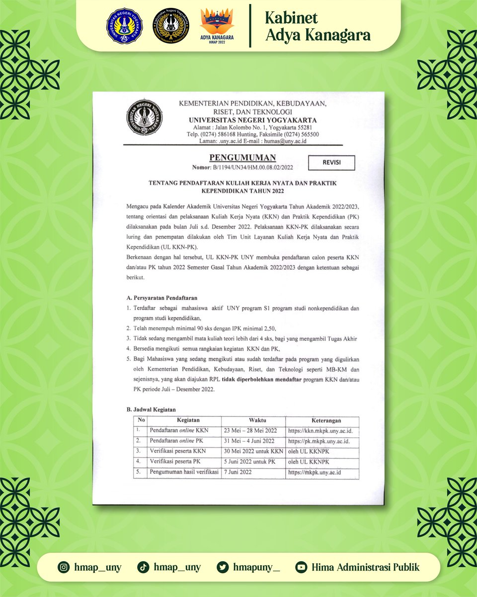 HMAPUNY_'s tweet photo. [INFORMASI PENDAFTARAN KKN-PK 2022]

Berikut kami sampaikan informasi terkait pendaftaran Kuliah Kerja Nyata dan Praktik Kependidikan Tahun 2022 yang akan dilaksanakan pada bulan Juli s.d Desember 2022. https://t.co/Qq9Of5fRWz