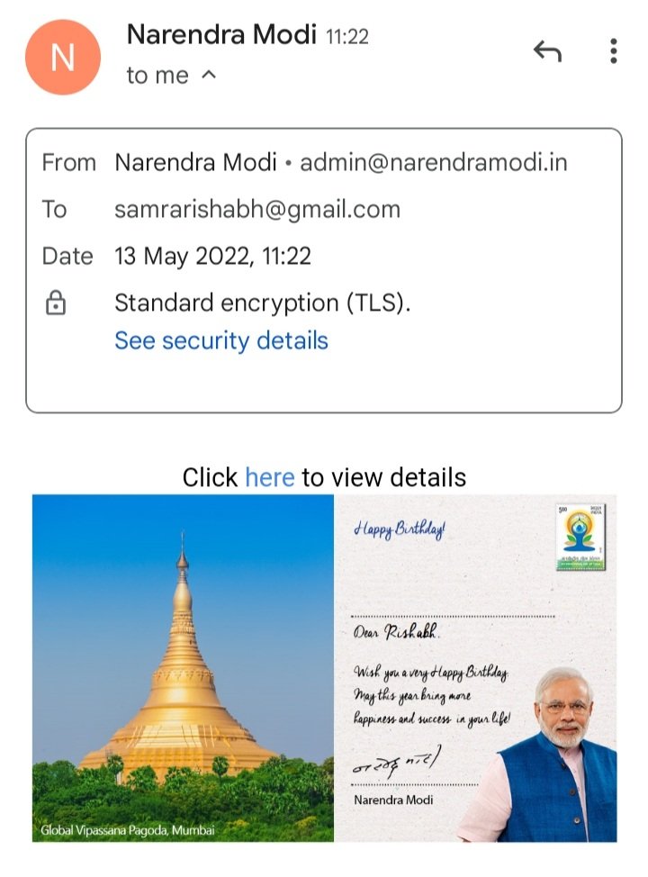 RishabhSamra's tweet photo. Thanks to Prime Minister @narendramodi @PMOIndia for this wonderful gesture on my Birthday. We are lucky to have a PM working for overall development of the nation which is a big motivation for us to contribute in our respective fields. https://t.co/DLpPkuLMo8