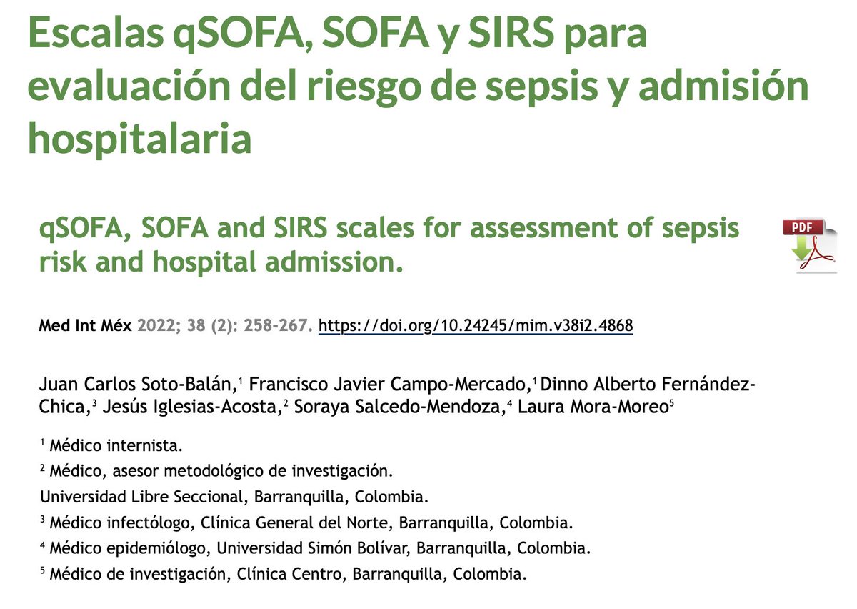 MedIntMex's tweet photo. #ArtículoOriginal En el departamento de Urgencias la mayor cantidad de la población estudiada tenía riesgo bajo de sepsis según las escalas qSOFA y SIRS Accede a este trabajo y todo el número, sin costo, en: https://t.co/SlnrfL9bgN @CMIMorg @CMNO_MedInt #MedIntMex https://t.co/UzTXKwvgUo