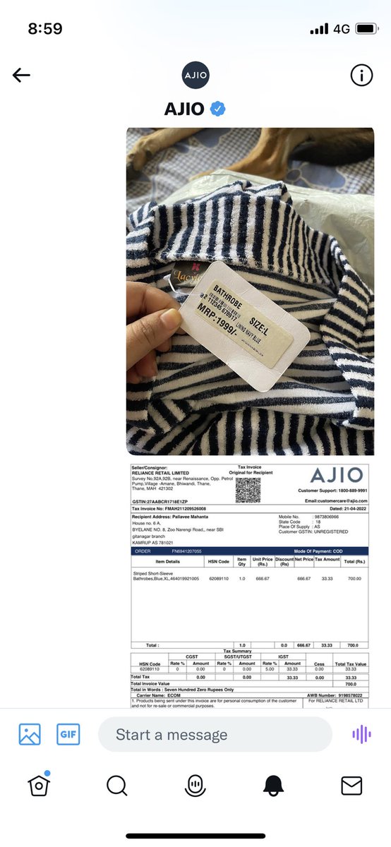 _pllvee_'s tweet photo. @AJIOLife Although all these are already mailed, I DMed you the photo which clearly shows the product which is L and the bill for the same which is Xl (which is correct btw). Here is the ss of the dm. Now tell me where the confusion is. I truly am exasperated by these robotic responses. https://t.co/LNHqmGERjY