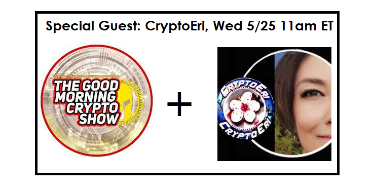 johnnykrypto00's tweet photo. Don't miss our Special Guest "the #XRP mom" @sentosumosaba this Wed 5/25 @11am ET on Good Morning #Crypto show.Join us as we discuss the latest #cryptocurrency news &amp; her favorite topic #Ripple's #XRPL! @thebearablebull @Coachjv_ @3TGMCrypto @XRPjenna @XrpCarolina @xrplumber $Xrp https://t.co/Es4nlMEVL9