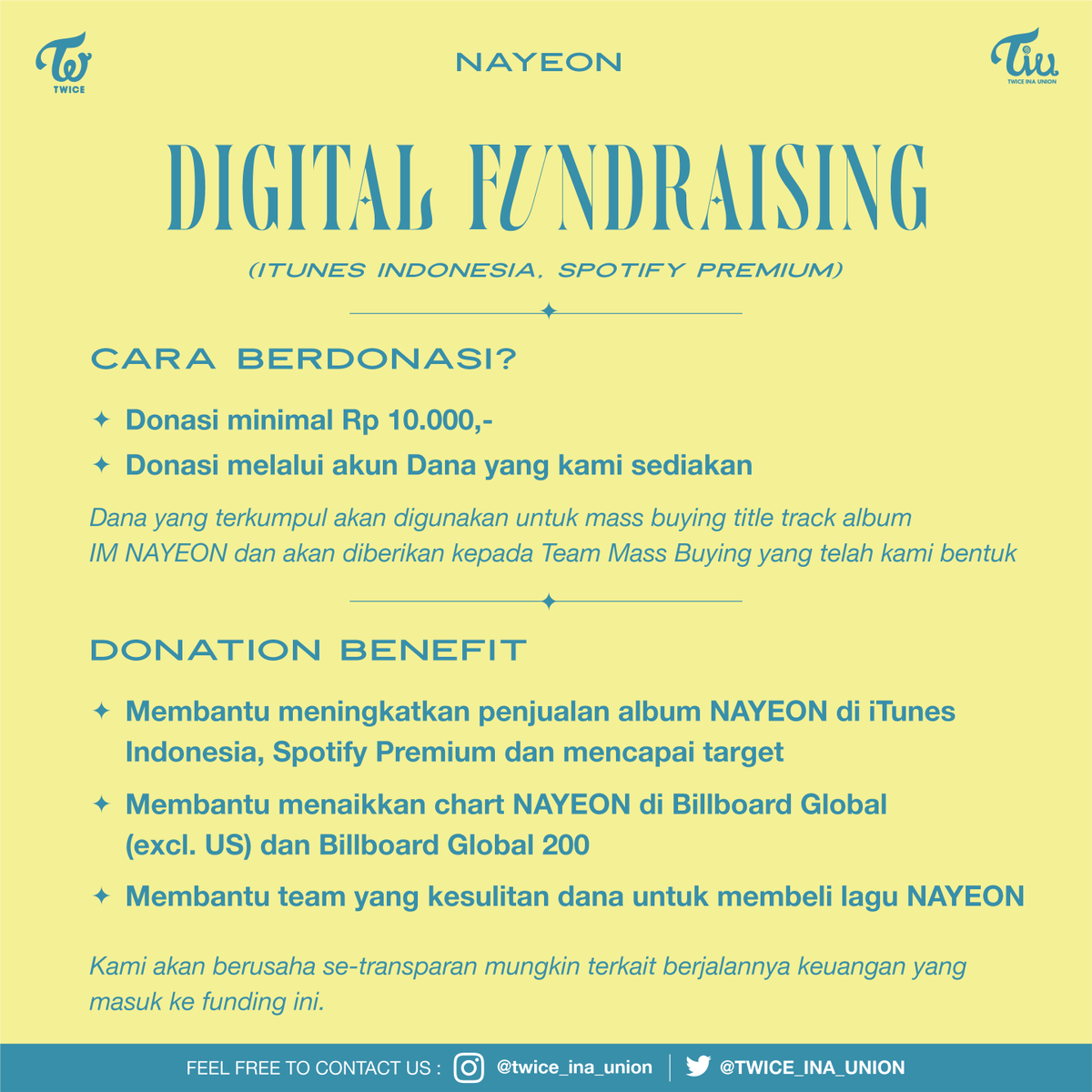 ONCEEEU!
Kami mengadakan project “IM NAYEON Album &amp; Digital Fundraising”🥳

Untuk berdonasi, sila untuk dipahami dan dilakukan melalui: bit.ly/FUNDNOLO

Bagi teman2 yang berminat menjadi bagian dari Team Mass Streaming, bisa DM kita, ya!

<a href="/JYPETWICE/">TWICE</a> #IMNAYEON1stMiniAlbum