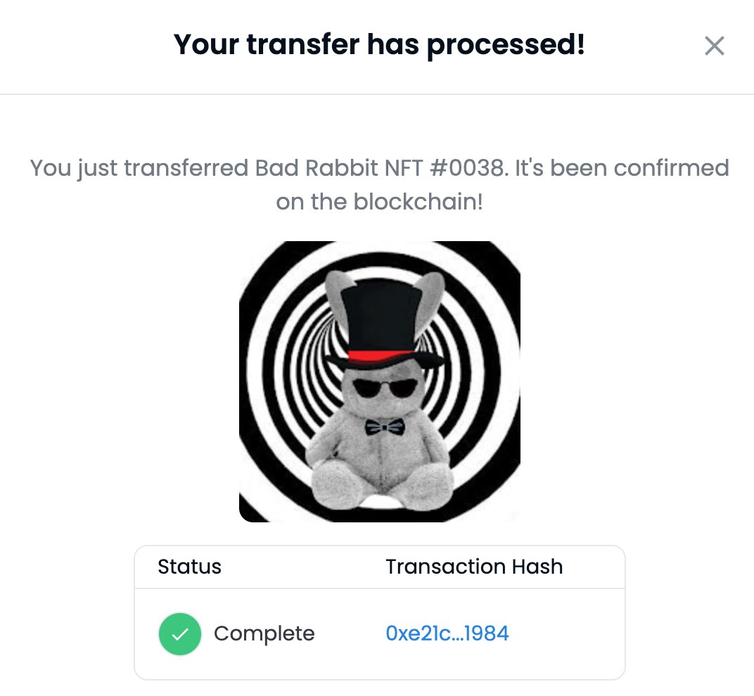 BadRabbitnft333's tweet photo. Congrat Today Lucky Winner on sharing our FB post. 
All the BR Minted NFT has been transferred to our winner!
NEXT will be YOU!
Pls share to friend &amp; remember comment your wallet address on below,
Bad Rabbit Token Contract Address: 0x62743a021ba2B078b4db878EeFA3edf0eD3Cc18d
#NFTs https://t.co/JzDtZIAhdJ