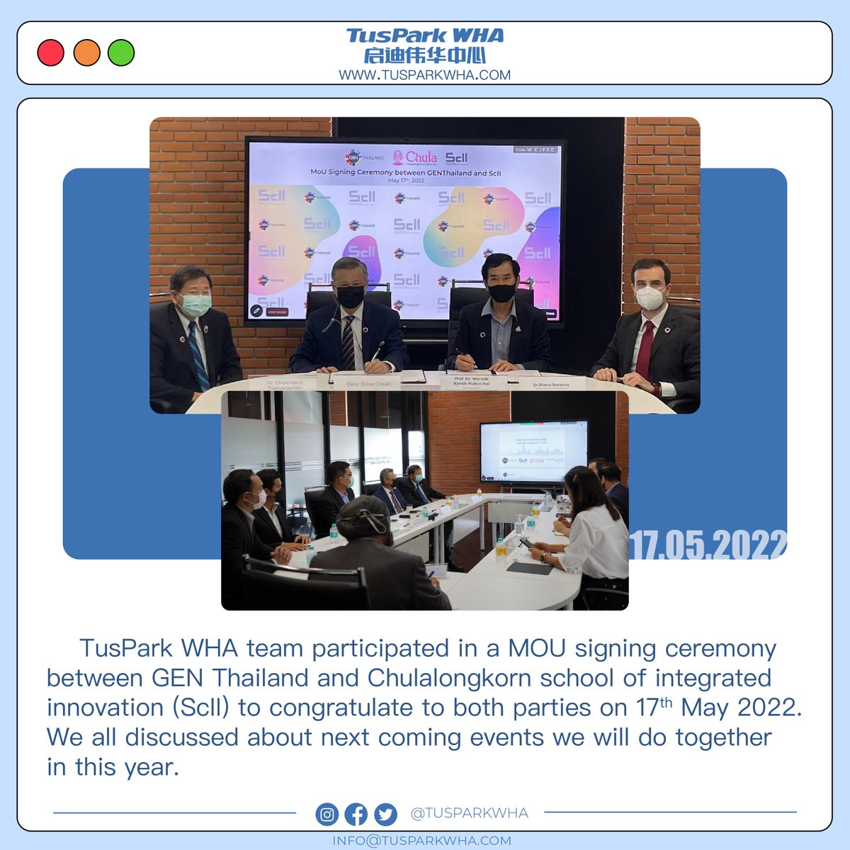 TusparkWHA's tweet photo. TusPark WHA team participated in a MOU signing ceremony between @genthailand and Chulalongkorn school of integrated innovation (@ScIIChula)

Contact us: 02 334 0462, info@tusparkwha.com
#TusParkWHA #ScII #collaboration #GENThailand #MoU #Ecosystem #Innovation #StartupThailand https://t.co/D6blxp54Qy