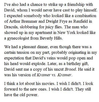 Scorsese wrote a very funny tribute to David Cronenberg's films in the January 1984 issue of Fangoria