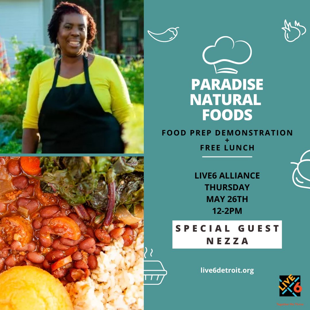 Live6Alliance's tweet photo. Please join us Thursday, May 26th, as we enjoy delicious food from Paradise Natural Foods.
Enjoy a fun demonstration of food preparation by Nezza and a delicious FREE lunch after! We'll see you there!
#detroitfood #detroitrestaurant #detroitevent #foodie #naturalfood https://t.co/nJ51w4WUCM
