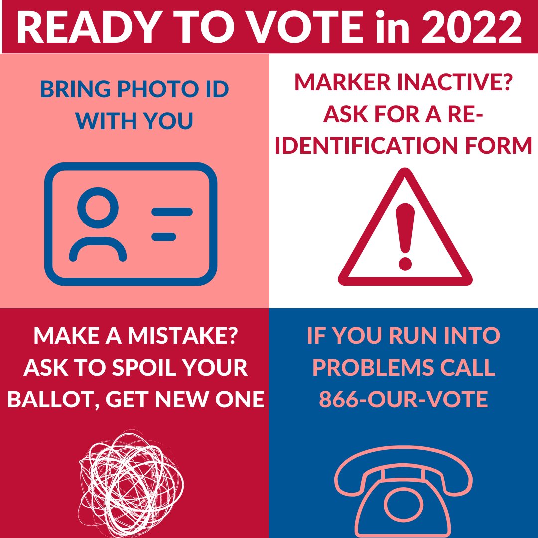 It's Primary Day!

Know your polling place &amp; hours, bring photo ID.

If you're marked inactive, ask for re-ID form.

Make a mistake? Ask to spoil your ballot &amp; get a new one.

If you're in line when the polls close, you can still
vote!

Issues? Call <a href="/866OURVOTE/">Election Protection</a> at 866-OUR-VOTE.