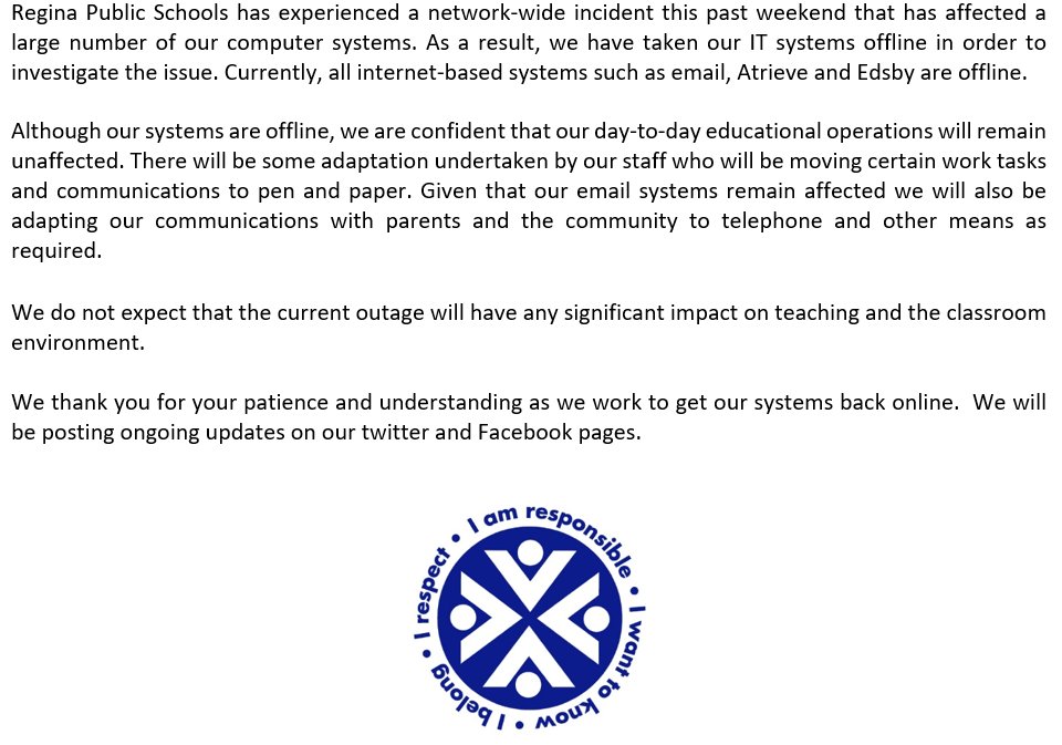 RegPublicSchool's tweet image. An important message from Regina Public Schools.