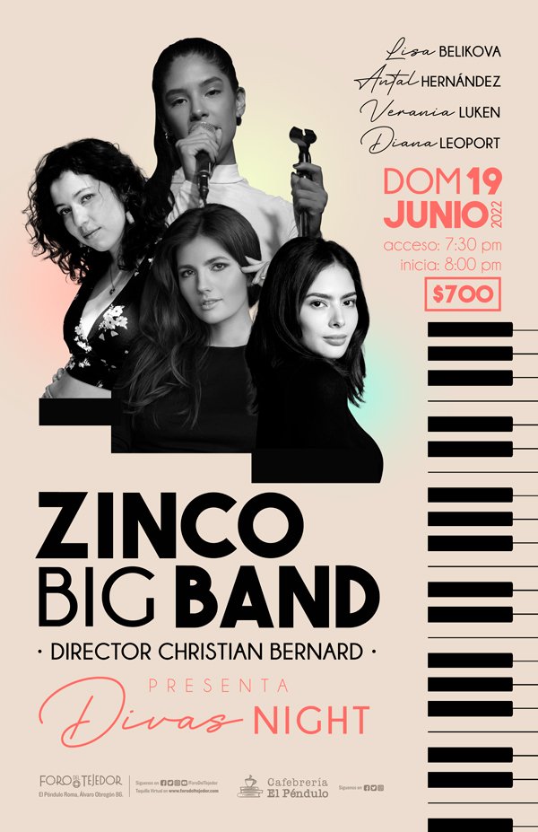 La ZINCO BIG BAND regresa al <a href="/ForodelTejedor/">Foro del Tejedor</a> ! 
'Divas Night' 
Domingo 19 de junio, 7:30pm 
Con las increíbles voces de 
LISA BELIKOVA 
ANTAL HERNÁNDEZ 
VERANIA LUKEN <a href="/VeraniaLuken/">Verania Luken</a>
DIANA LEOPORT <a href="/DianaLeoport/">Diana Leoport</a>
Adquiere tus boletos en el siguiente Link:forodeltejedor.com/evento/butacas…