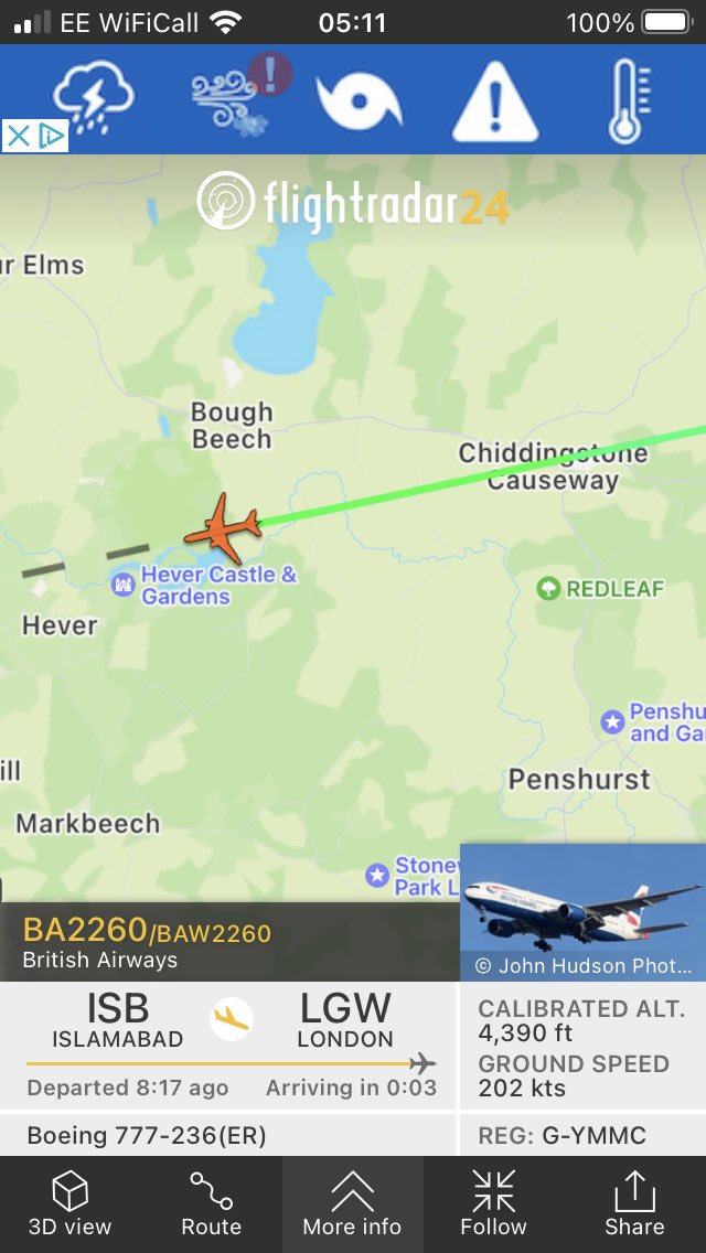 fogatwick's tweet photo. This f**king flight from Islamabad screams in at stupid o’clock every morning - why FFS. There is simply no need. My daughter has exams today now awake and stressed. This has to stop @TomTugendhat @GregClarkMP @Nus_Ghani 

@AirportWatch @The_AEF @GCgatwick  @CAGNE_GATWICK https://t.co/lng5diQ1f8