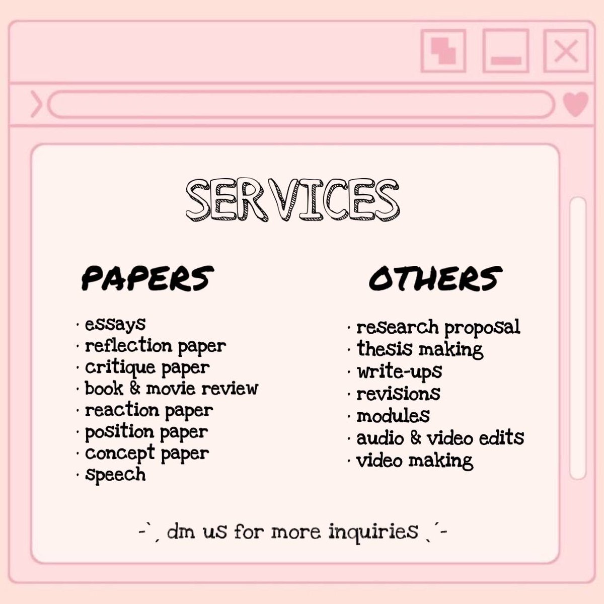 closedforcomms's tweet photo. ☆ gabriella's academic commission ! ✧.* 

-ˋˏ struggling with your acad requirements? we got you bestie! ˎˊ-

we're here to offer academic services to assist students who are struggling with their schoolworks ◡̈

please read the details below and don't hesitate to dm me!! https://t.co/t5oIyKRcVJ